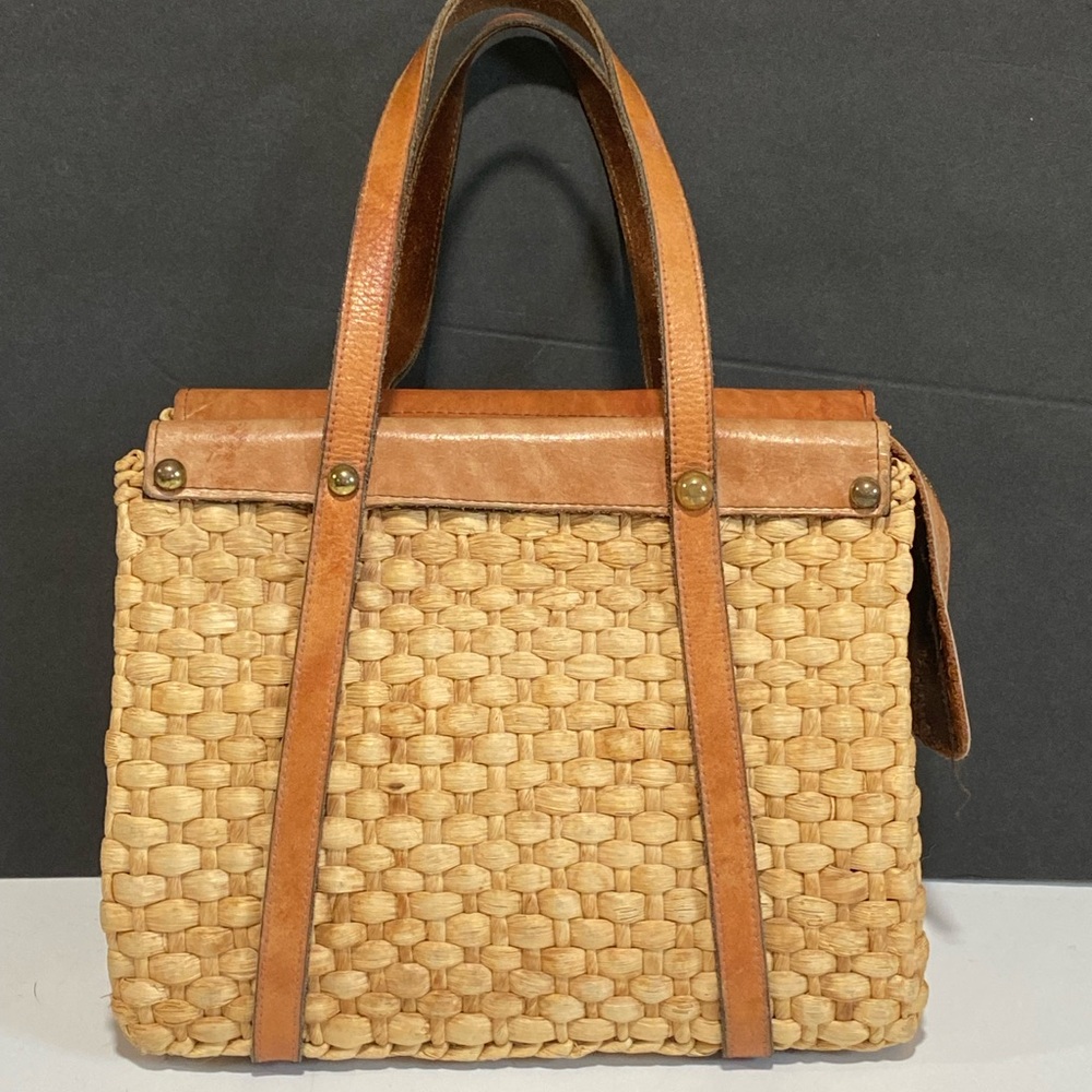 Vintage 60s 70s Wicker Woven Rattan Leather Straps US Zipper Closure Purse